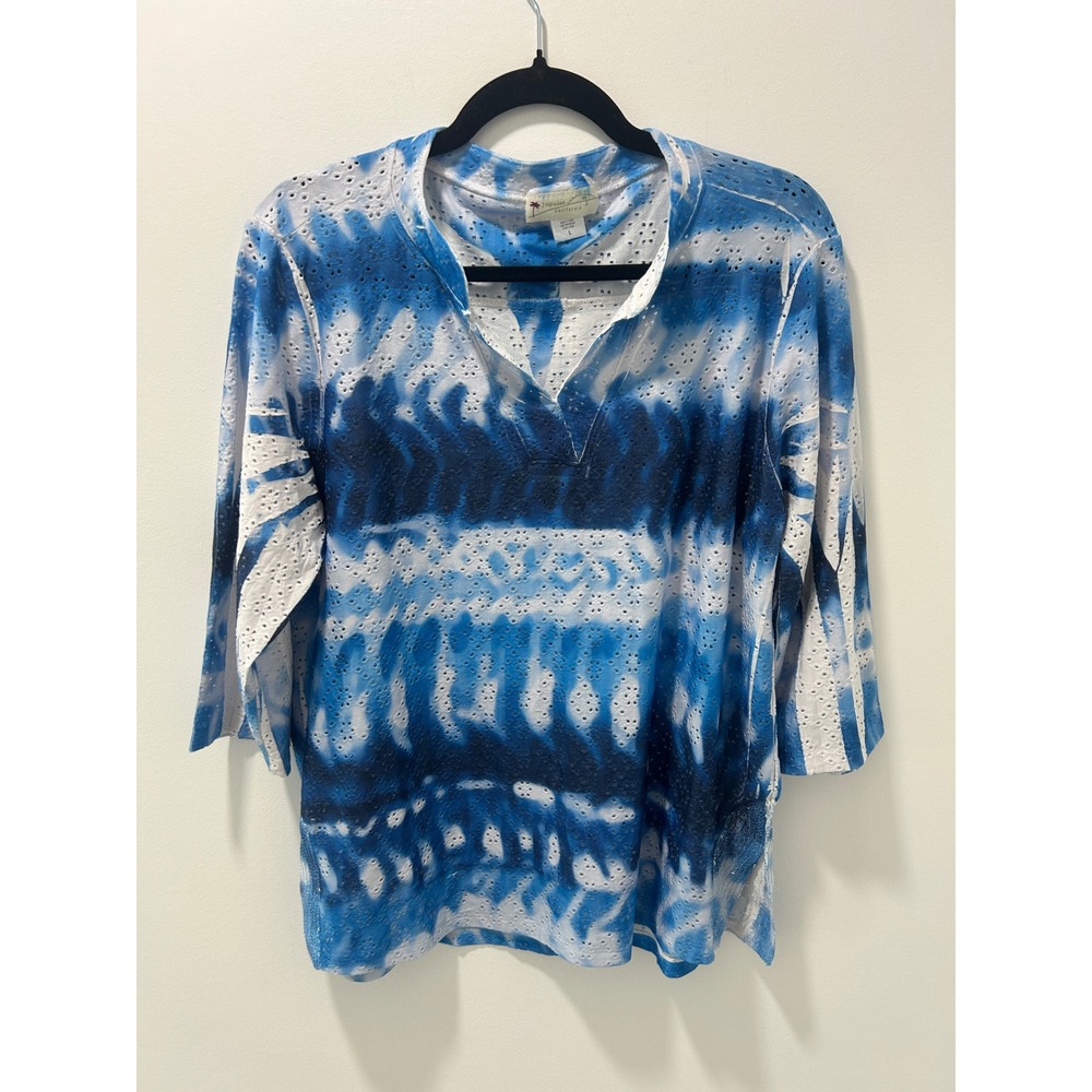 Impulse California Womens Blue Tie Dye Top 3/4 Sleeve V-Neck Large USA Made